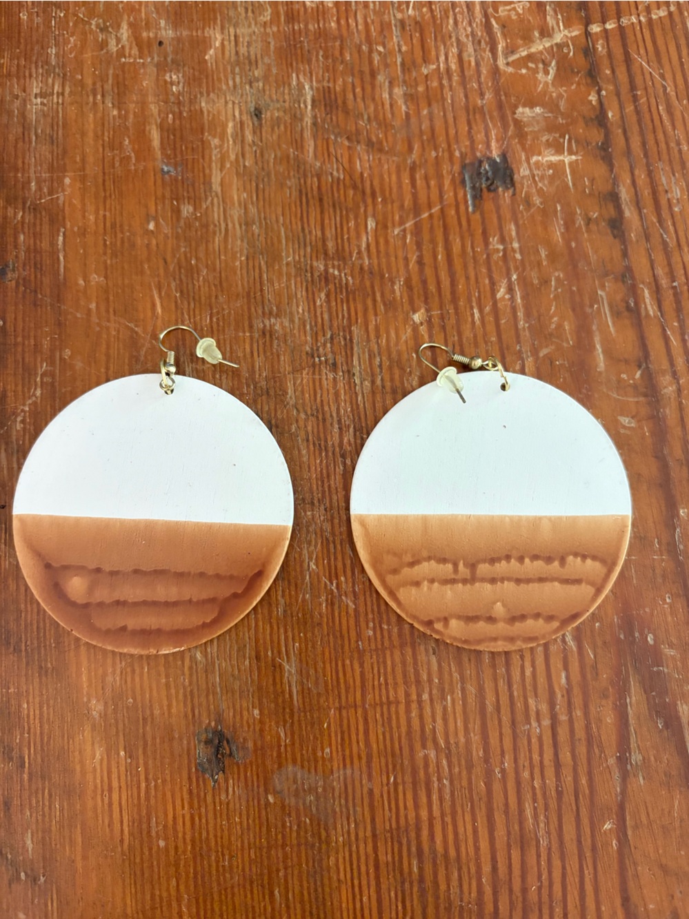Half White Half Tan Round Drop Earrings